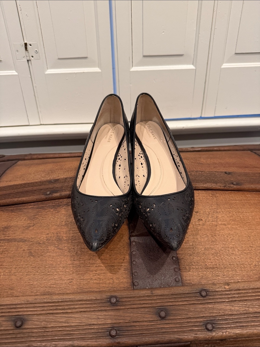 Cole Haan Black Perforated Pointed-Toe Flats with Laser-Cut Detail